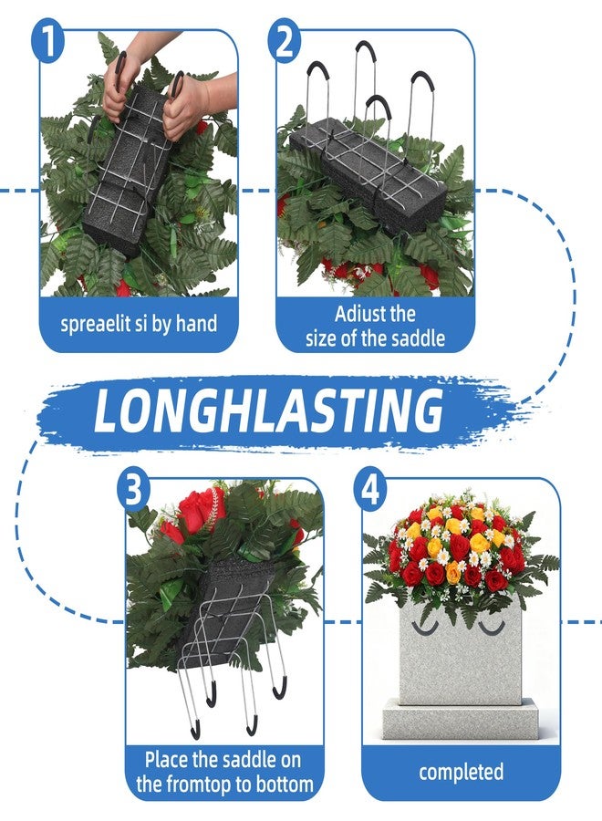 Wocst Headstone Flower Saddle,Large Artificial Cemetery Flowers for Grave 2Pack Artificial Silk Roses Daisy Bouquets with Cemetery Vases for Outdoor Grave Decorations (Red Yellow) - Image 5