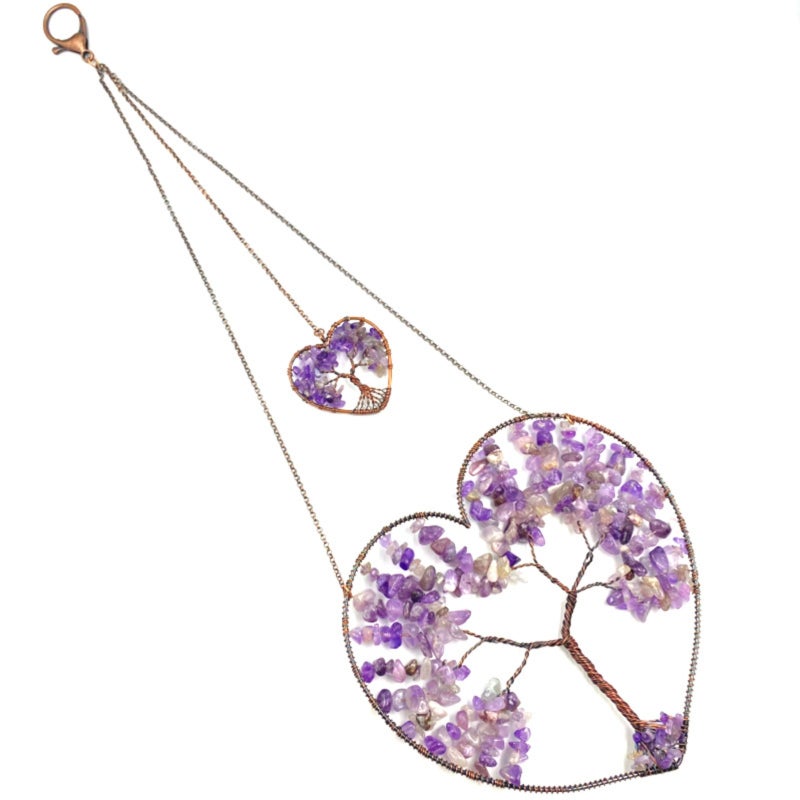 Double Love Gravel Crystal Tree of Life Winding Home Ornament, Dream Catcher Pendant Curtain Pendant (Purple Crystal) - Image 1