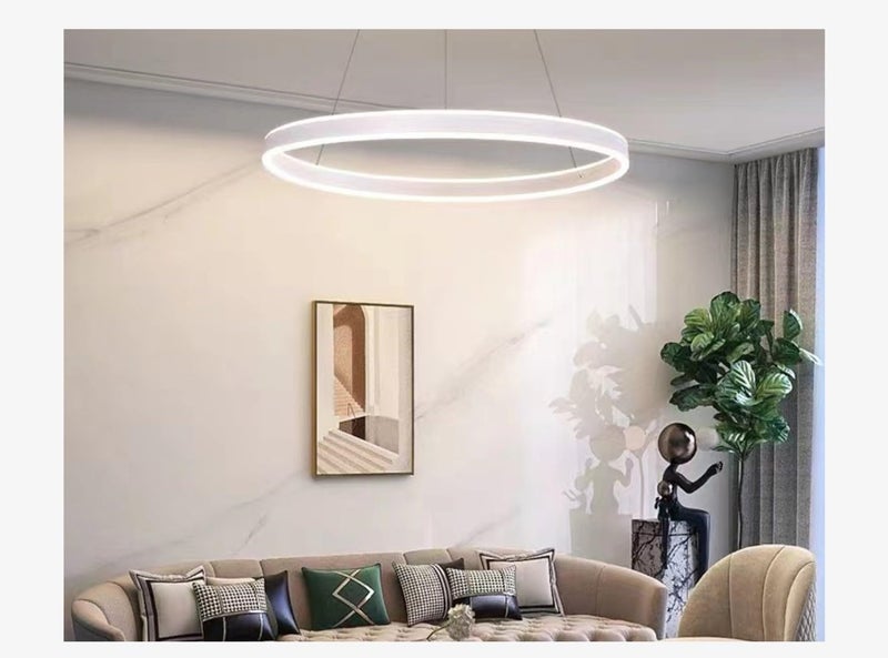 ثريا حلقة LED حديثة - مصباح سقف معلق قابل للتعديل مع حلقات دائرية قابلة للتعتيم لغرفة المعيشة، غرفة الطعام، غرفة النوم، المدخل والمكتب (أبيض، طبقة واحدة 60 سم) - Image 4