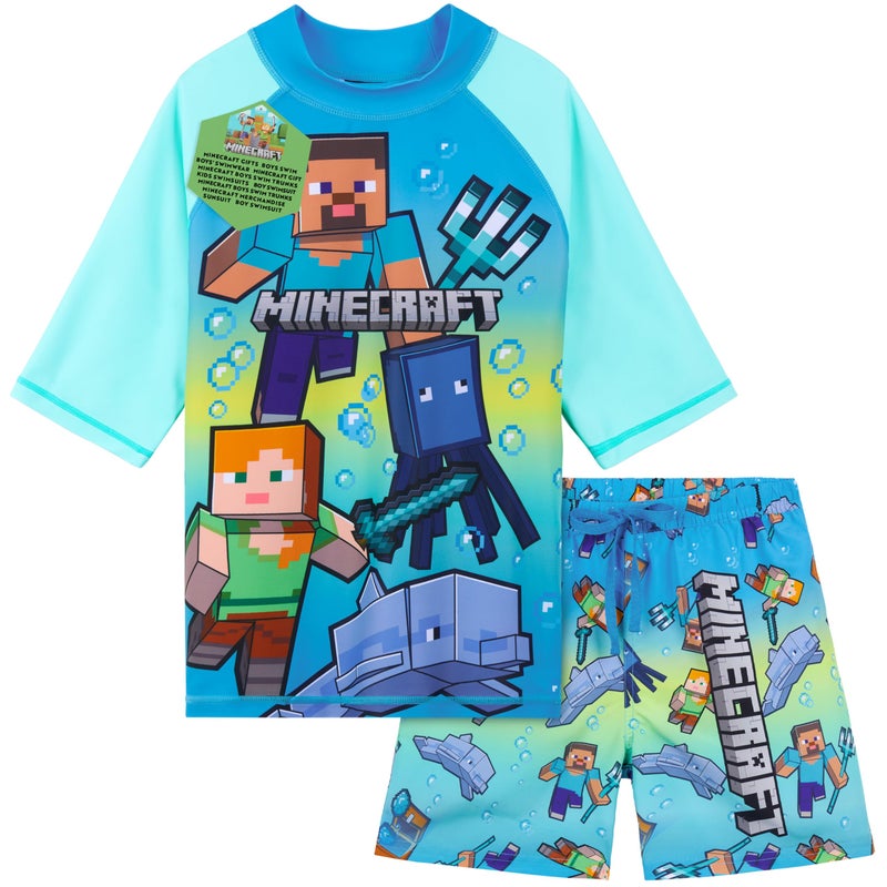 Get Trend Minecraft Bathing Suit Set for Boys Teens 2 Pcs Swim Trunks Boys Rash Guard (9-10 Years, Blue/Green Minecraft) - Image 1