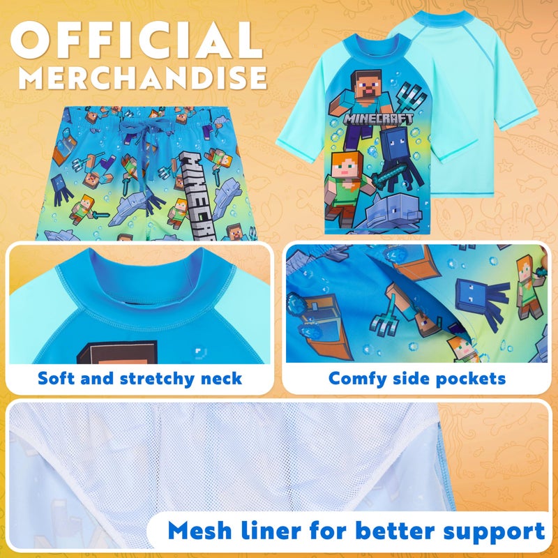 Get Trend Minecraft Bathing Suit Set for Boys Teens 2 Pcs Swim Trunks Boys Rash Guard (9-10 Years, Blue/Green Minecraft) - Image 4