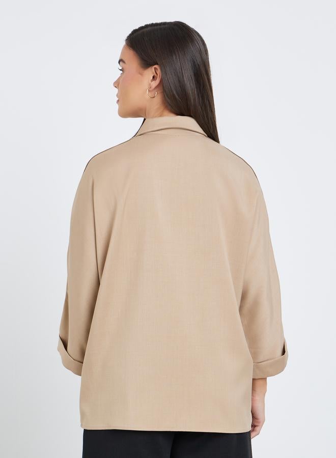 Styli Women Beige Relaxed Fit Shirt with Taping Sleeve - Image 4