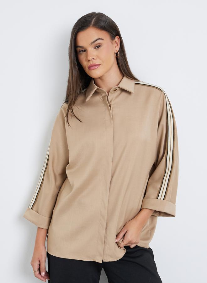 Styli Women Beige Relaxed Fit Shirt with Taping Sleeve - Image 1