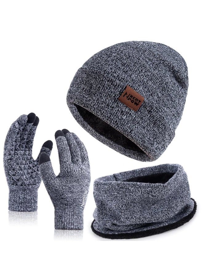 Nertpow Winter 1-3 PCS Beanie Hat Gloves Scarf For Men And Women, Knit Thick Fleece Lined Warm Touchscreen Gloves Beanie Infitiny Scarf Set (Gloves&Beanie&Scarf Black White) - Image 1