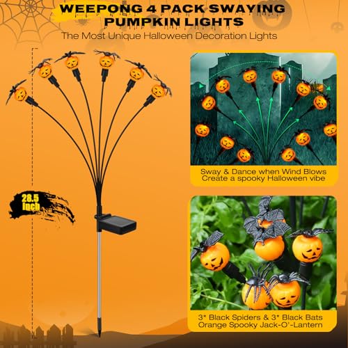 Weepong Halloween Decorations Outdoor 4 Pack Solar Lights, 24 LED Scary Pumpkin Swaying Firefly Lights with Spider & Bats for Outside Garden Yard Lawn Grave Cemetery Ghost Decor Party, Orange - Image 3