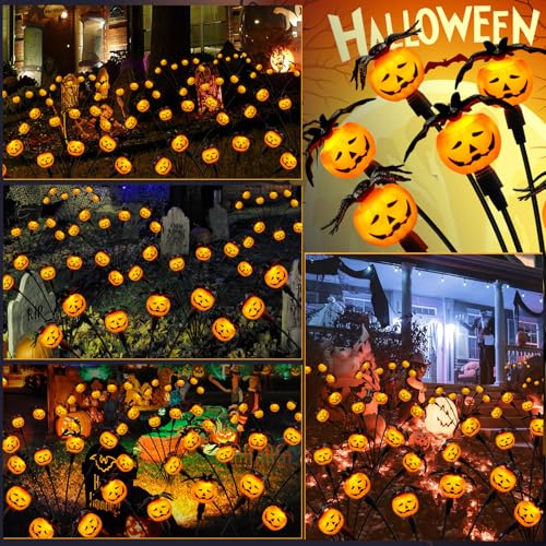 Weepong Halloween Decorations Outdoor 4 Pack Solar Lights, 24 LED Scary Pumpkin Swaying Firefly Lights with Spider & Bats for Outside Garden Yard Lawn Grave Cemetery Ghost Decor Party, Orange - Image 5