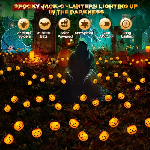Weepong Halloween Decorations Outdoor 4 Pack Solar Lights, 24 LED Scary Pumpkin Swaying Firefly Lights with Spider & Bats for Outside Garden Yard Lawn Grave Cemetery Ghost Decor Party, Orange - Image 2