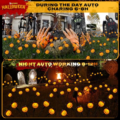 Weepong Halloween Decorations Outdoor 4 Pack Solar Lights, 24 LED Scary Pumpkin Swaying Firefly Lights with Spider & Bats for Outside Garden Yard Lawn Grave Cemetery Ghost Decor Party, Orange - Image 4