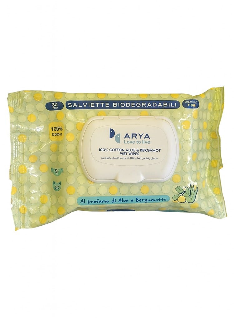 Aryaa Cat Wipes Aloe And Bergamot Scent 100% Cotton- 30 Wipes - Italian Made Cat Wet Wipes
