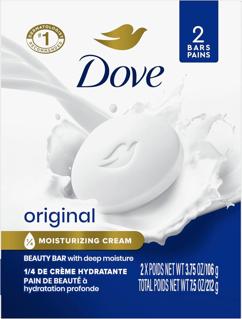 Dove Original Beauty Bar Gentle Skin Cleanser with 1/4 Moisturizing Cream, 2 Bars (3.75 oz each) - Image 1