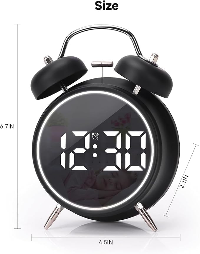 PROSFIA Fun Clock Multifunction Battery Powered Table Clocks Extra Loud 3D led Twin Bell Alarm Clock Digital Alarm Clock DualAlarms 1224Hr for Bedroom Office Table Black - Image 2