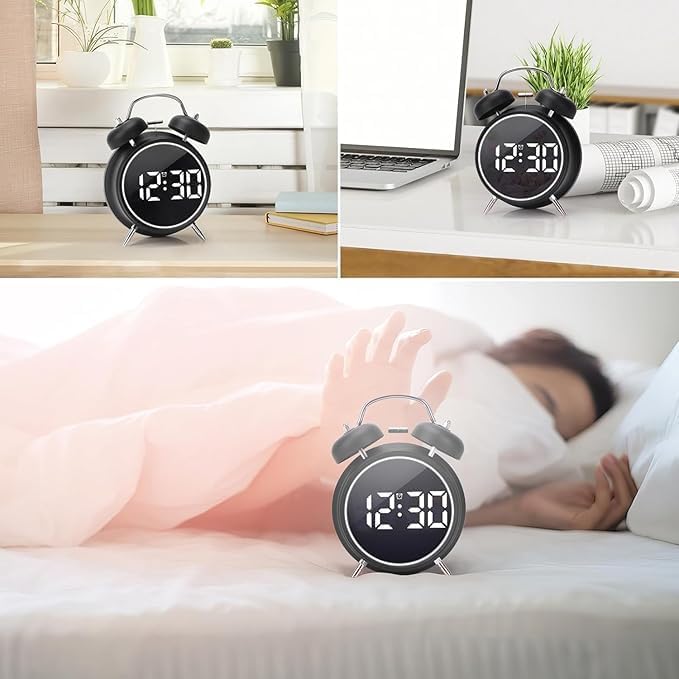 PROSFIA Fun Clock Multifunction Battery Powered Table Clocks Extra Loud 3D led Twin Bell Alarm Clock Digital Alarm Clock DualAlarms 1224Hr for Bedroom Office Table Black - Image 5