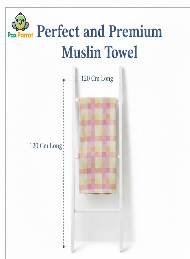 PAX PARROT Premium Muslin Cotton Baby Towel 60 x 120 cm | Ultra-Soft, Breathable & Lightweight | Pastel Checkered Design | Highly Absorbent, Quick Dry | Gentle & Safe for Newborns & Toddlers (Pink) - Image 3