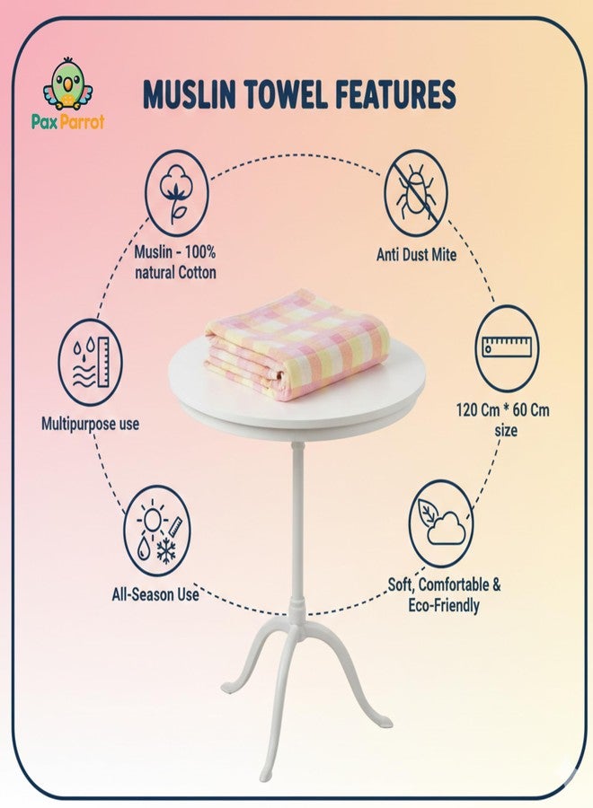 PAX PARROT Premium Muslin Cotton Baby Towel 60 x 120 cm | Ultra-Soft, Breathable & Lightweight | Pastel Checkered Design | Highly Absorbent, Quick Dry | Gentle & Safe for Newborns & Toddlers (Pink) - Image 2