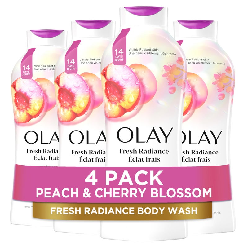 Olay Body Wash for Women Fresh Radiance Refreshing Renewing Made with Plant Based Cleansers B3 Botanical Complex For All Skin Types Peach Cherry Blossom Scent 22 fl oz Pack of 4