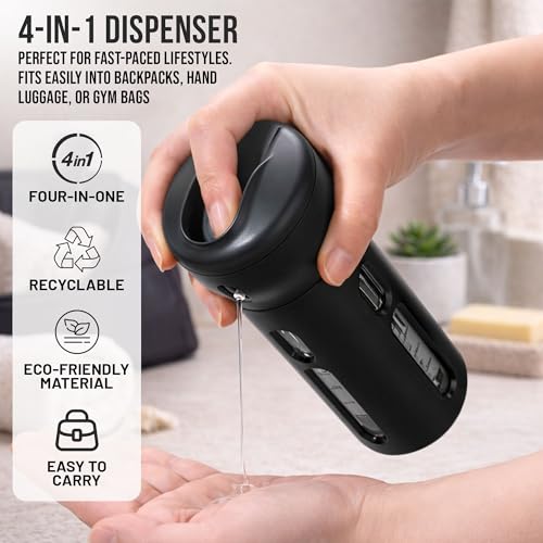 Travigo 4-in-1 Travel Dispenser Bottle Set, Includes Four 40 mL Cosmetic Toiletries TSA Approved Refillable Leakproof Liquid Containers for Shampoo, Lotions, Skincare, Makeup Products (Gray, Plastic) - Image 2