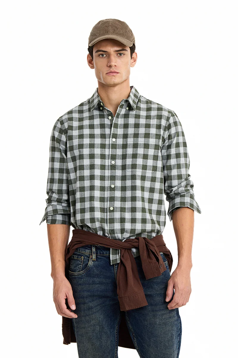 SNITCH Olive Checkered Long Sleeve Regular Fit Casual Shirt