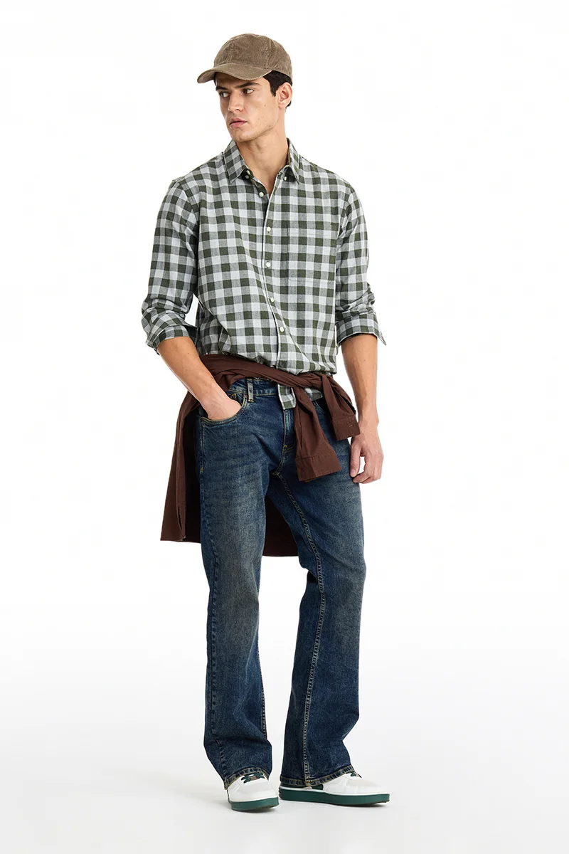 SNITCH Olive Checkered Long Sleeve Regular Fit Casual Shirt