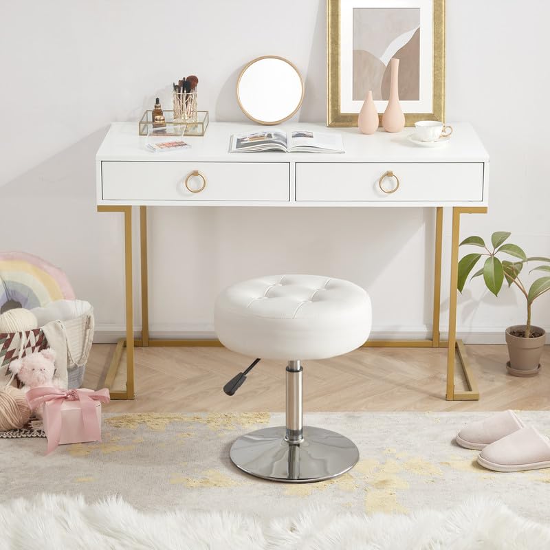 Gitrah White Vanity Chair for Makeup Room Round Ottoman Tufted PU Leather Makeup Chair Vanity Stools for Bathroom Height Adjustable 360 Swivel - Image 3