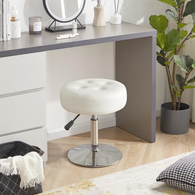 Gitrah White Vanity Chair for Makeup Room Round Ottoman Tufted PU Leather Makeup Chair Vanity Stools for Bathroom Height Adjustable 360 Swivel - Image 2