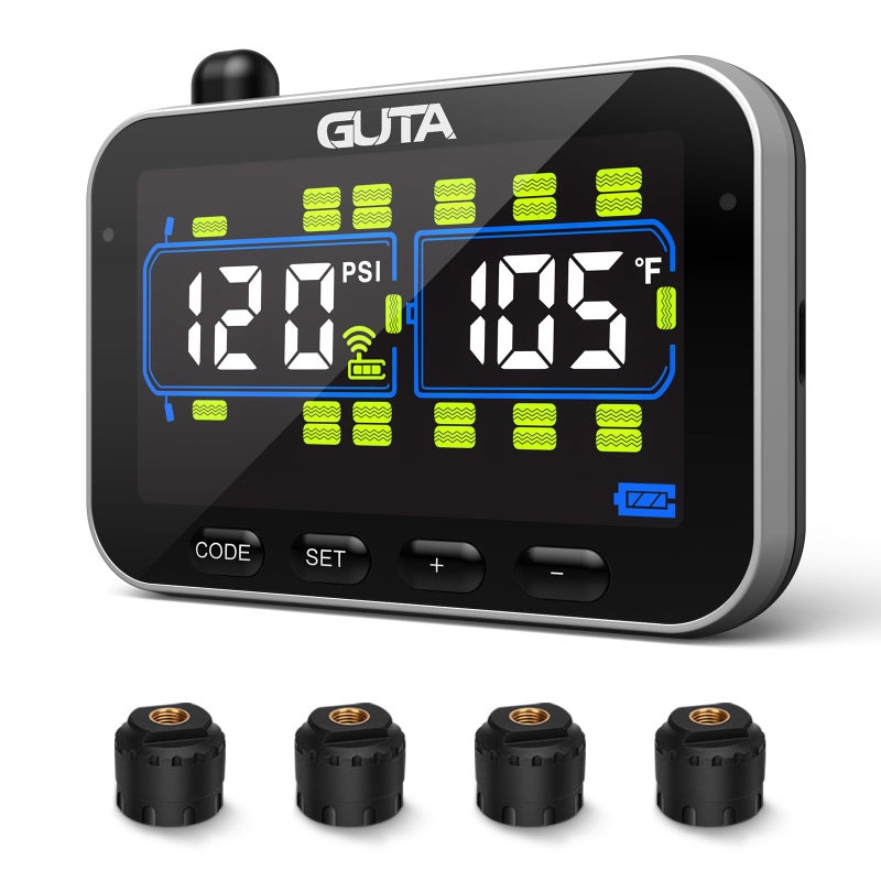 GUTA Trailer Tire Pressure Monitoring System RV Tire Pressure Monitor with 4 Sensors 6 Alert Modes Power Saving Mode Large Color Display Long Sensing Distance 0188PSI TPMS for RV Trailer Semi