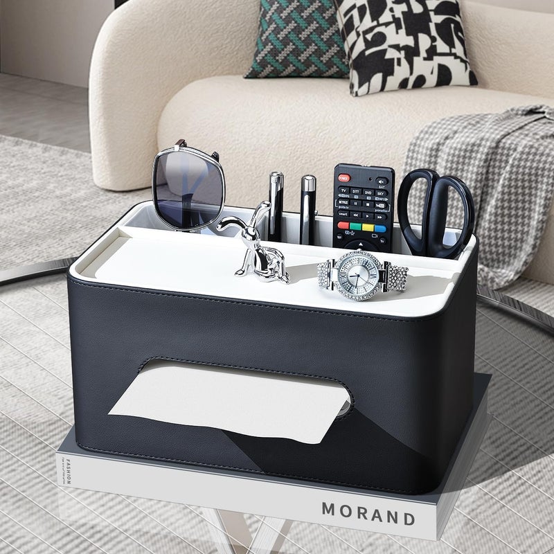 KINGFOM PU Leather Tissue Box Cover Rectangular with Storage Organizer, Multifunctional Remote Control Holder, Desk Organizer for Living Room, Bedroom, Office, Decorative Tissue Holder with Compartments Black - Image 3