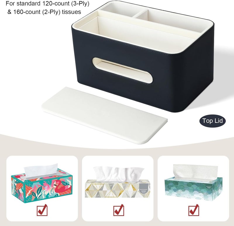 KINGFOM PU Leather Tissue Box Cover Rectangular with Storage Organizer, Multifunctional Remote Control Holder, Desk Organizer for Living Room, Bedroom, Office, Decorative Tissue Holder with Compartments Black - Image 5