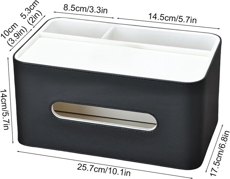 KINGFOM PU Leather Tissue Box Cover Rectangular with Storage Organizer, Multifunctional Remote Control Holder, Desk Organizer for Living Room, Bedroom, Office, Decorative Tissue Holder with Compartments Black - Image 2