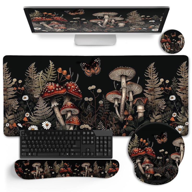 LIMKRIAN Mushroom Mouse Pad Set Large Desk Matt for Desktop, Ergonomic Mouse Pad with Wrist Rest, Gaming Mouse Pad Wrist Support Keyboard Mat Cup Coaster Set Office Desk Decor Accessories - Image 1