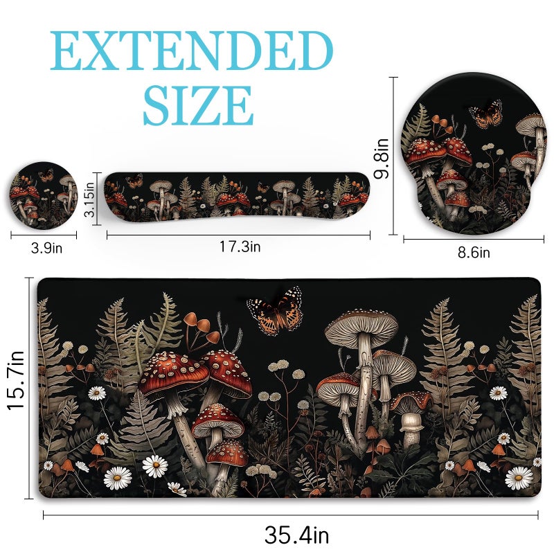 LIMKRIAN Mushroom Mouse Pad Set Large Desk Matt for Desktop, Ergonomic Mouse Pad with Wrist Rest, Gaming Mouse Pad Wrist Support Keyboard Mat Cup Coaster Set Office Desk Decor Accessories - Image 4