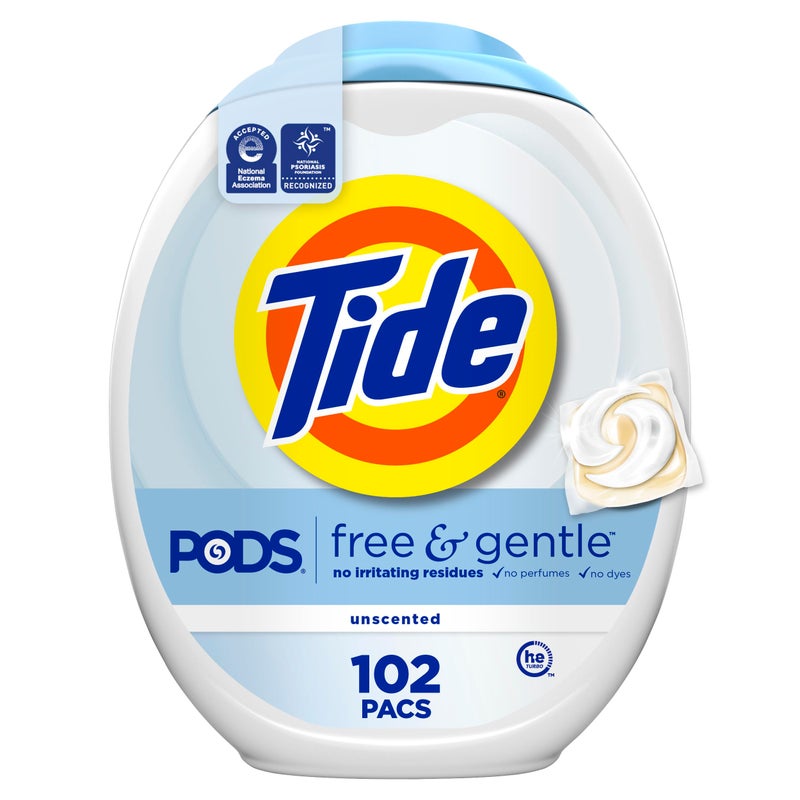 Tide PODS Free & Gentle Laundry Detergent Soap Pacs, 102 Count, Tide PODS Laundry Detergent, Laundry Detergent Pacs, Laundry PODS Detergent - Image 1