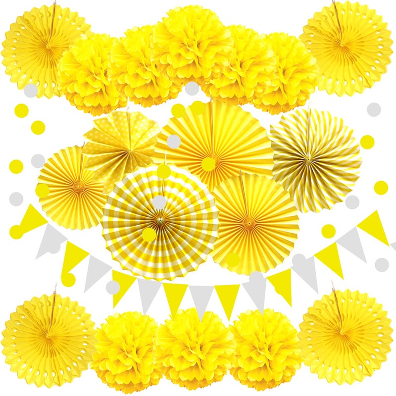 ZERODECO Party Decoration Yellow 21 Pcs Hanging Paper Fans Pom Poms Flowers Garlands String Polka Dot and Triangle Bunting Flags