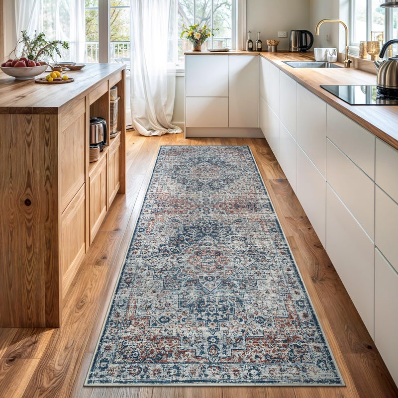 Bloom Rugs Caria Washable Non-Slip 10 ft Runner - Terracotta/Teal Traditional Runner for Entryway, Hallway, Bathroom, and Kitchen - Exact Size: 2'6" x 10' - Image 1