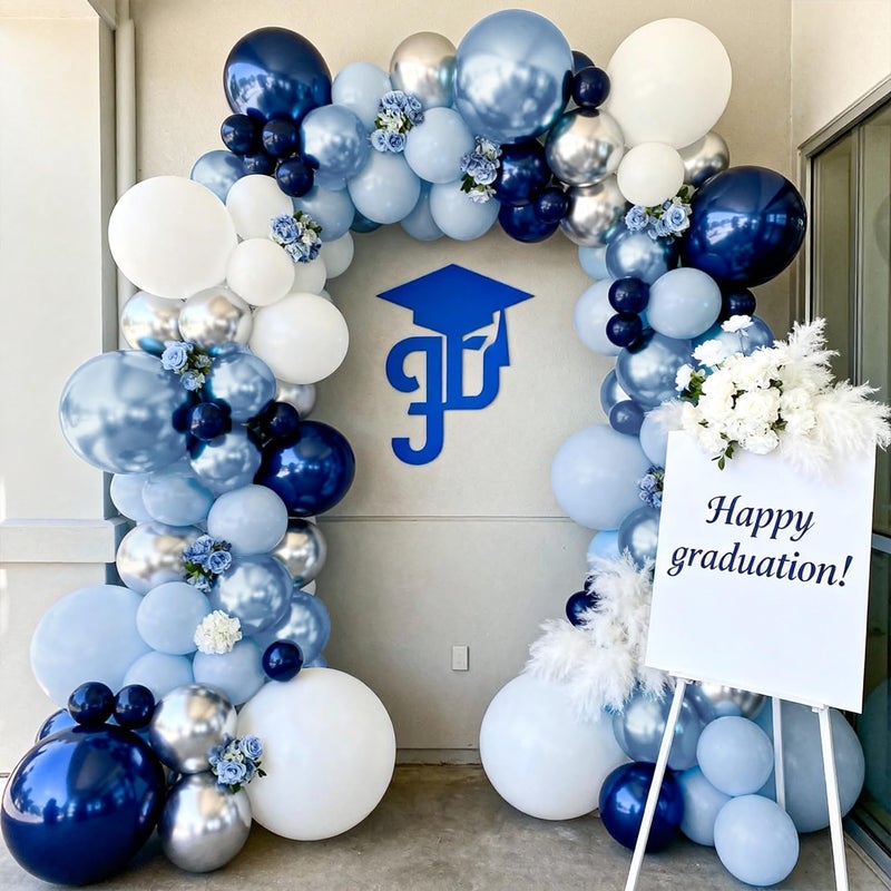 Zesliwy Blue White Silver Balloons Arch Kit, Navy Dark Pearl Blue Metallic Light Blue Balloon Garland with Metallic Silver White Balloon for Birthday Graduation Wedding Party Decorations - Image 5