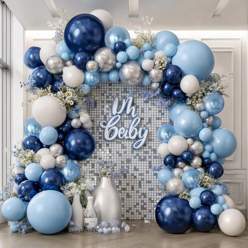 Zesliwy Blue White Silver Balloons Arch Kit, Navy Dark Pearl Blue Metallic Light Blue Balloon Garland with Metallic Silver White Balloon for Birthday Graduation Wedding Party Decorations - Image 1