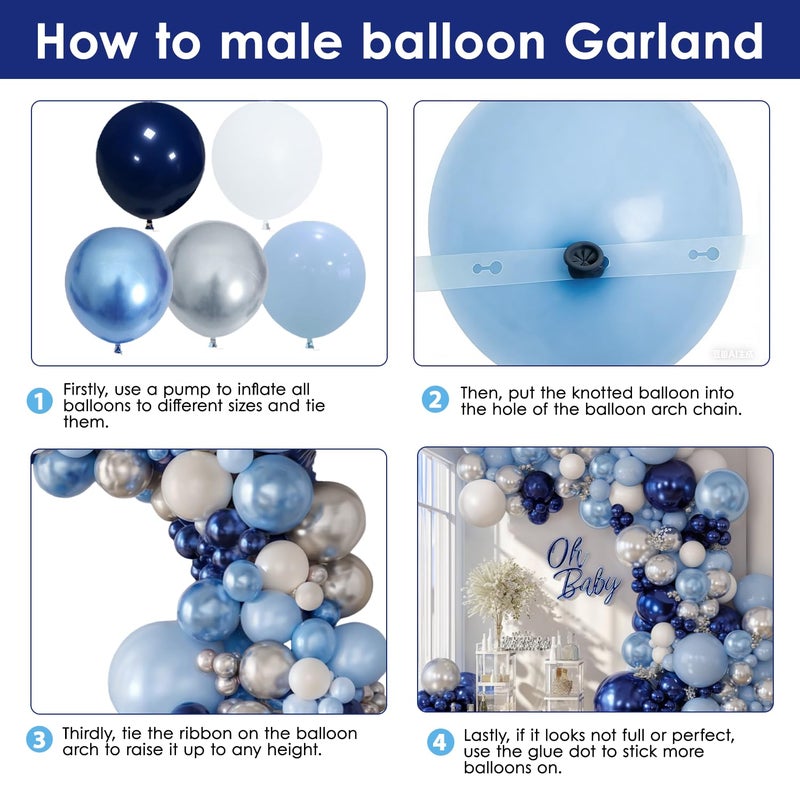 Zesliwy Blue White Silver Balloons Arch Kit, Navy Dark Pearl Blue Metallic Light Blue Balloon Garland with Metallic Silver White Balloon for Birthday Graduation Wedding Party Decorations - Image 3