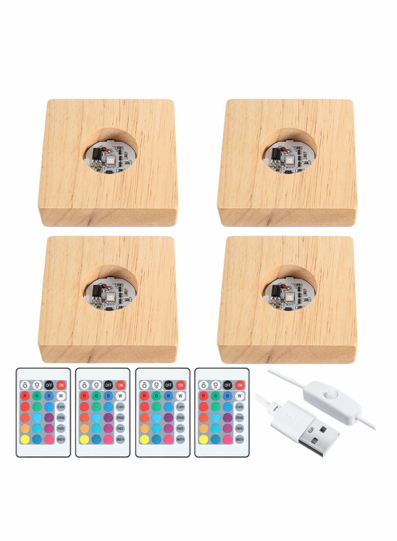 Square Wooden Led Display Base Wood Lighted Display Lamp Base Stand with Remote Control for Home 3D Laser Crystal Glass Resin Art (4 Pieces) - Image 1