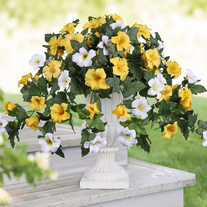 HyeFlora Artificial Flowers for Outdoors 2PCS Faux Petunias Silk Fake Flowers for Outside Planter UV Resistant Realistic Home Garden Porch Decor (Yellow) - Image 3