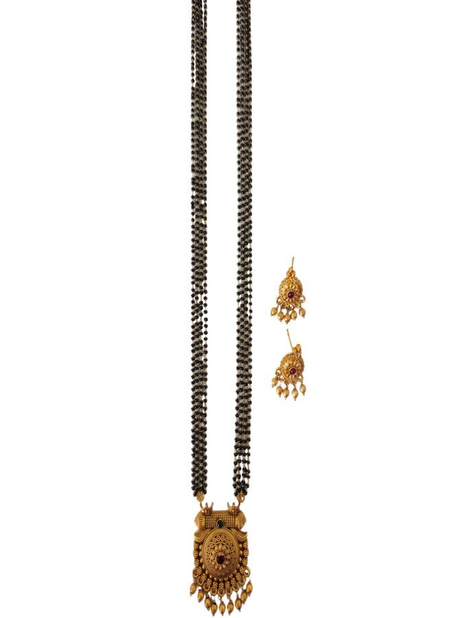 AAIKU Maharashtrian Traditional Gold Plated Black Beads Golden Chain and Earrings Set Mangalsutra Pack of 1 for Women Wedding jewellery (4Line, 36 Inch) - Image 1