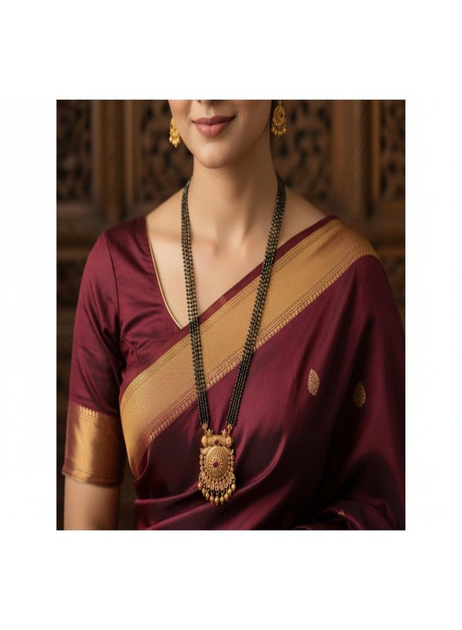 AAIKU Maharashtrian Traditional Gold Plated Black Beads Golden Chain and Earrings Set Mangalsutra Pack of 1 for Women Wedding jewellery (4Line, 36 Inch) - Image 2