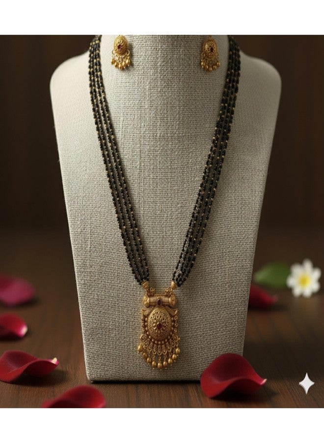 AAIKU Maharashtrian Traditional Gold Plated Black Beads Golden Chain and Earrings Set Mangalsutra Pack of 1 for Women Wedding jewellery (4Line, 36 Inch) - Image 5