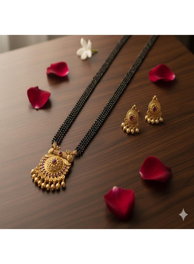 AAIKU Maharashtrian Traditional Gold Plated Black Beads Golden Chain and Earrings Set Mangalsutra Pack of 1 for Women Wedding jewellery (4Line, 36 Inch) - Image 4