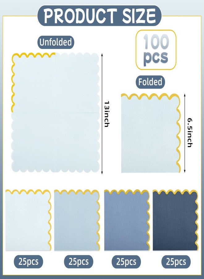 AimFun 100 Pcs Dusty Blue Party Napkins Gradient Blue Scalloped Gold Foil Disposable Paper Napkins 6.5" Luncheon Napkin for Birthday Baby Shower Anniversary Reception Party Supplies - Image 2
