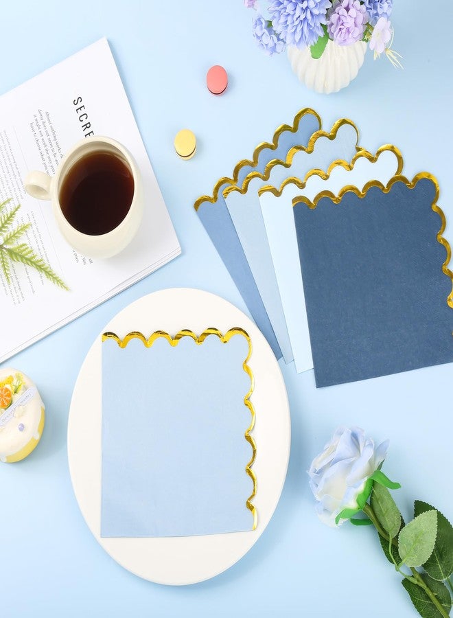 AimFun 100 Pcs Dusty Blue Party Napkins Gradient Blue Scalloped Gold Foil Disposable Paper Napkins 6.5" Luncheon Napkin for Birthday Baby Shower Anniversary Reception Party Supplies - Image 5