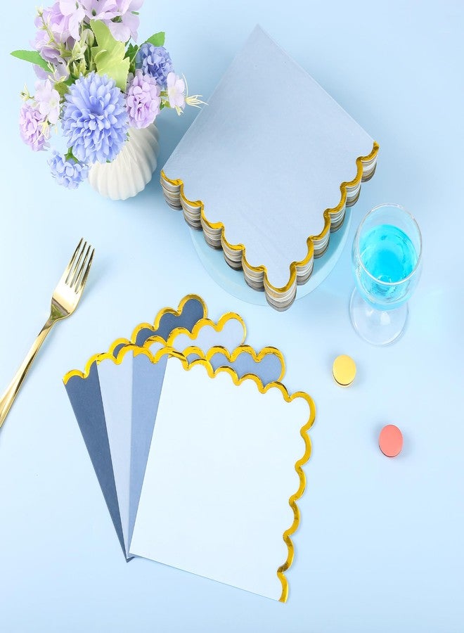 AimFun 100 Pcs Dusty Blue Party Napkins Gradient Blue Scalloped Gold Foil Disposable Paper Napkins 6.5" Luncheon Napkin for Birthday Baby Shower Anniversary Reception Party Supplies - Image 4