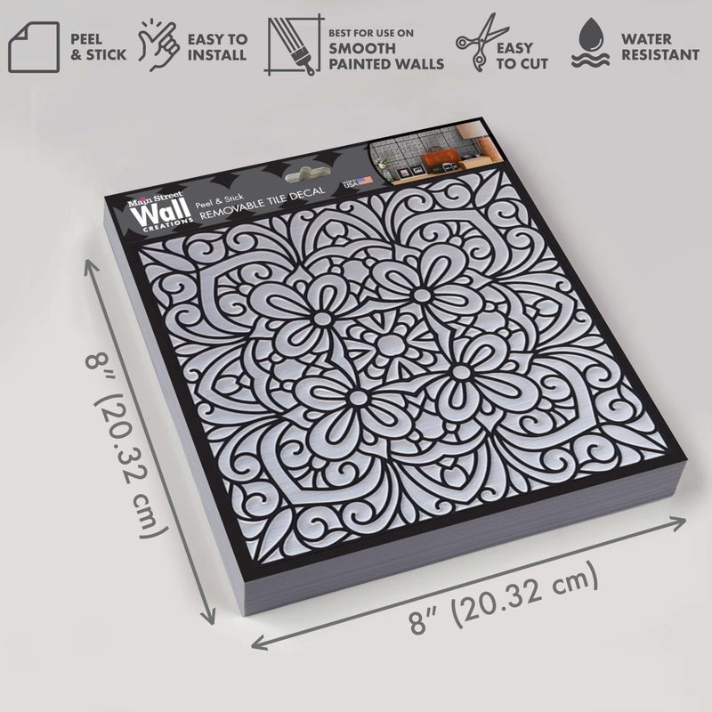 Main Street 24-Pack of 8 x8 Peel and Stick Backsplash Wallpaper Tiles Silver Inked Garden Design Removable Self Adhesive Wall Tile for Kitchen, Renter-Friendly for Your Home and DIY Projects - Image 3