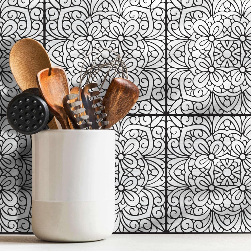 Main Street 24-Pack of 8 x8 Peel and Stick Backsplash Wallpaper Tiles Silver Inked Garden Design Removable Self Adhesive Wall Tile for Kitchen, Renter-Friendly for Your Home and DIY Projects - Image 2