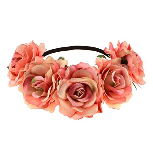 June Bloomy Rose Floral Crown Garland Flower Headband Headpiece for Wedding Festival (Peach) - Image 1