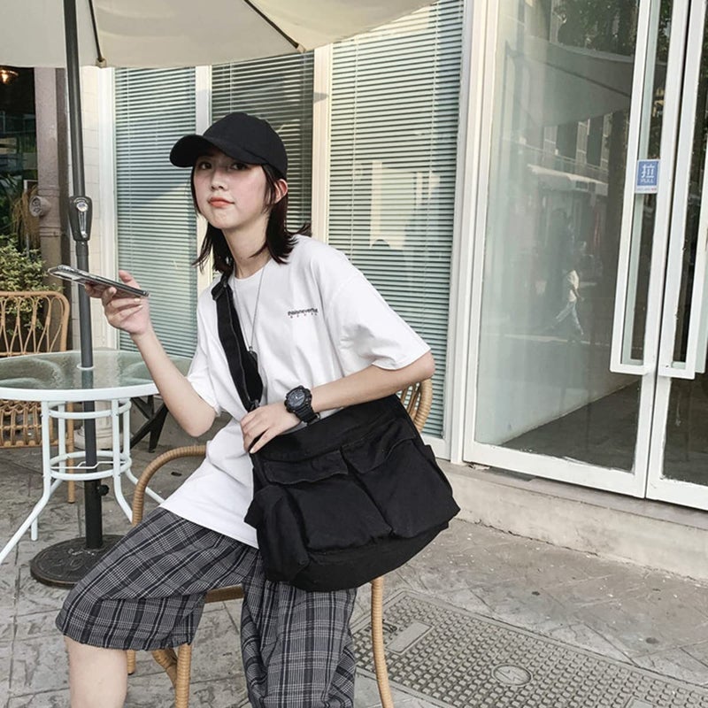 GAXOS Aesthetic Cute Messenger Bag for School Vintage Black Canvas Crossbody for Women Shoulder Laptop Bag - Image 4