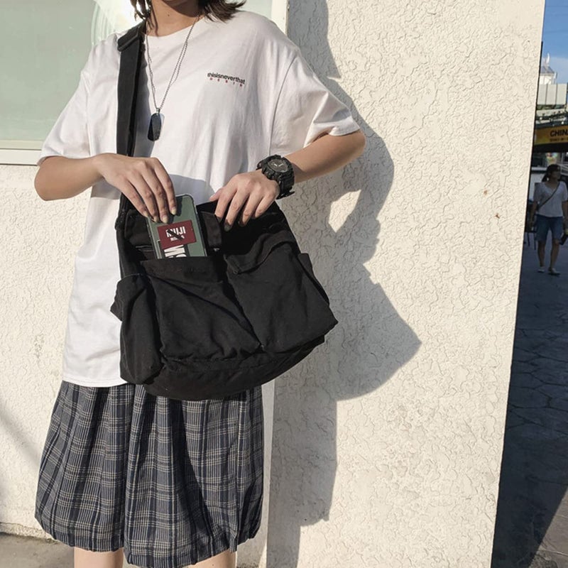 GAXOS Aesthetic Cute Messenger Bag for School Vintage Black Canvas Crossbody for Women Shoulder Laptop Bag - Image 5